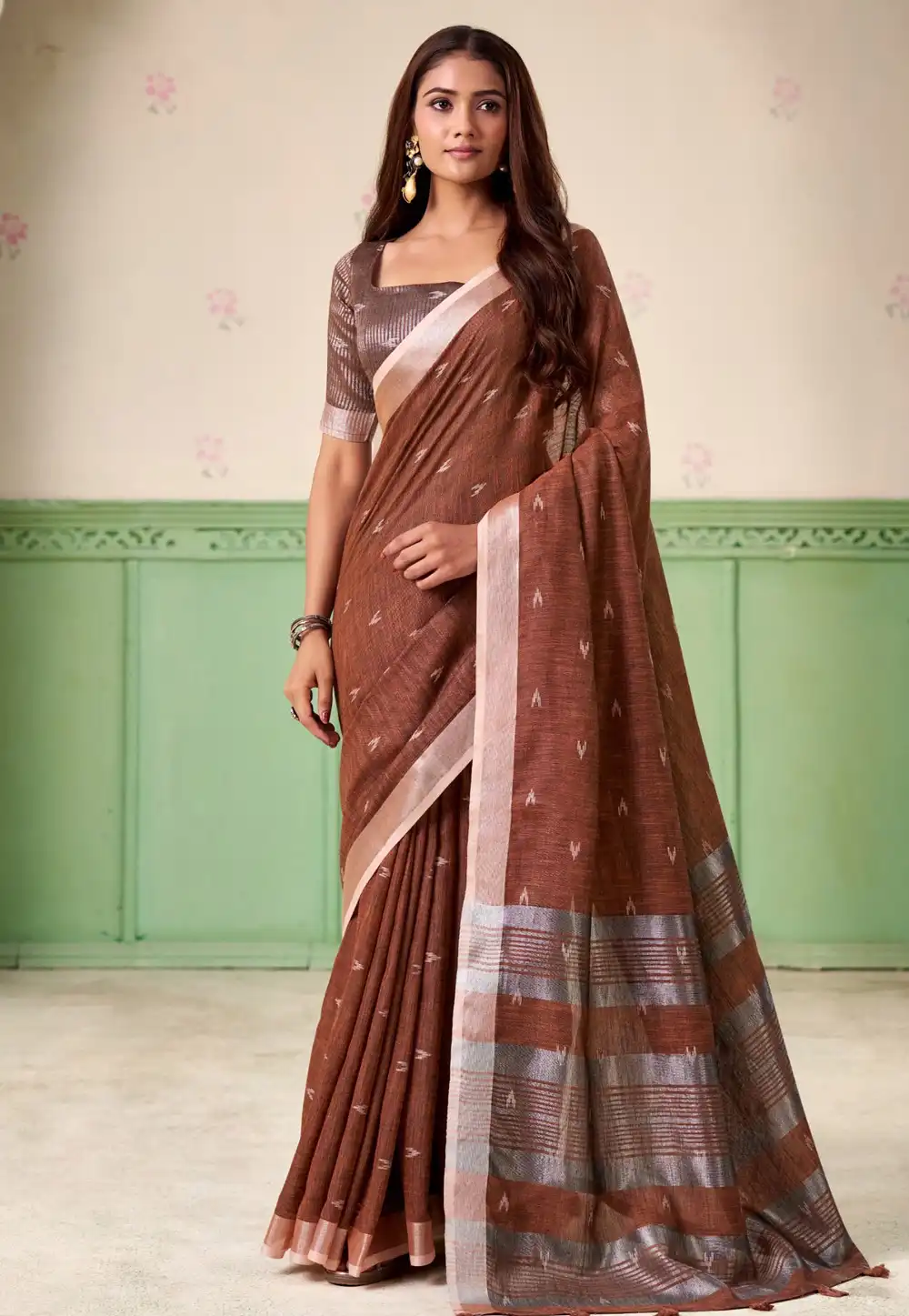 Brown Linen Saree With Blouse 319713