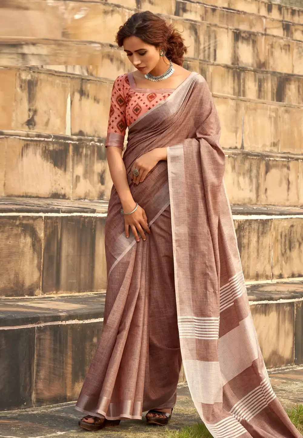 Brown Linen Saree With Blouse 330549