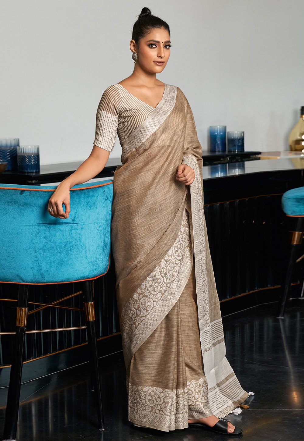 Brown Linen Saree With Blouse 311528