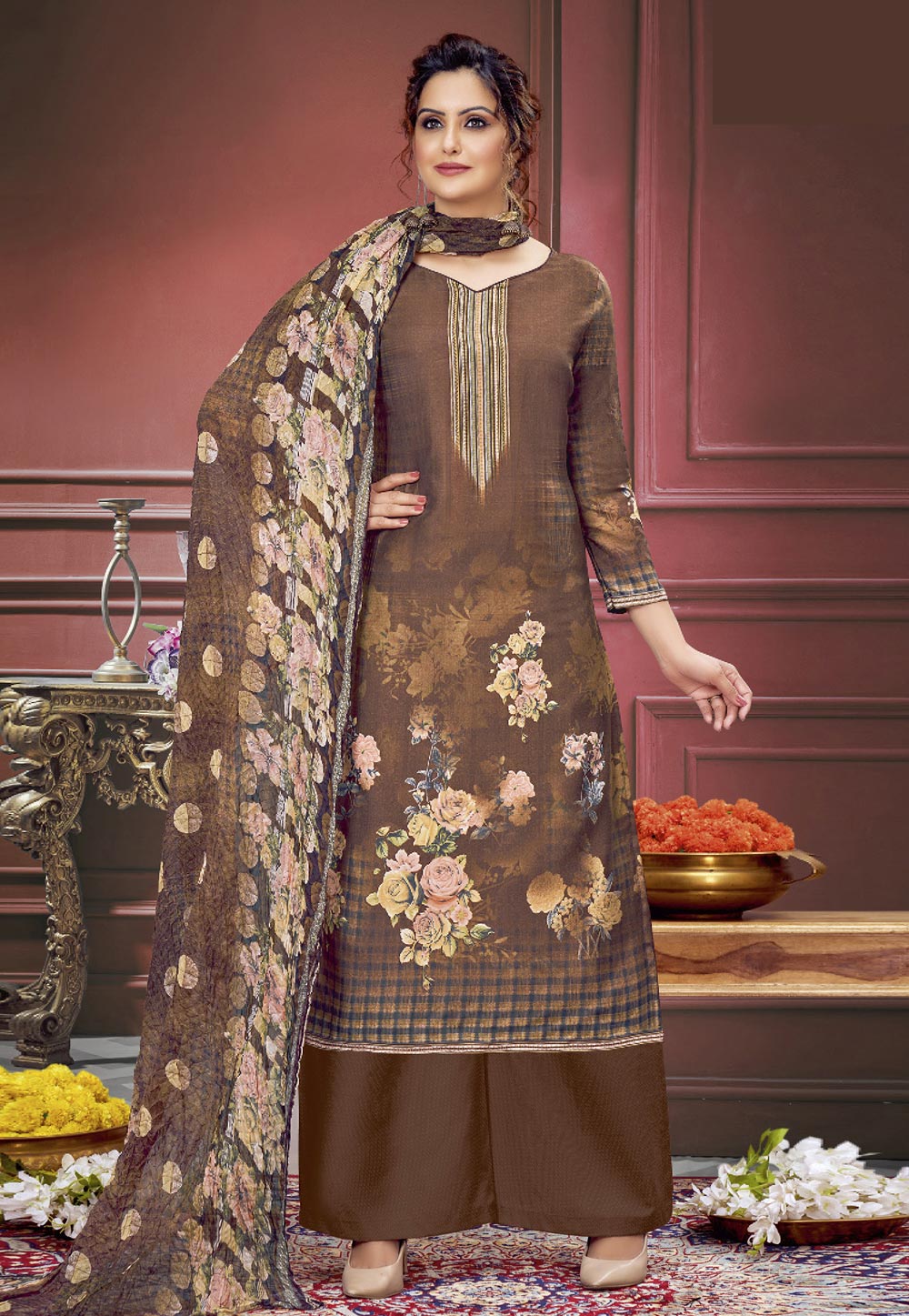 Brown Muslin Palazzo Suit 284991