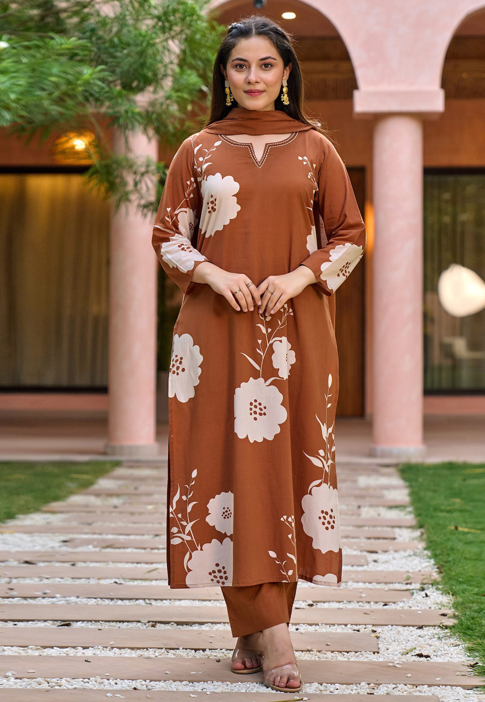 Brown Muslin Readymade Pant Style Suit 326185