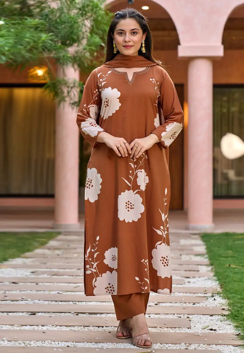 Brown Muslin Readymade Pant Style Suit 326185