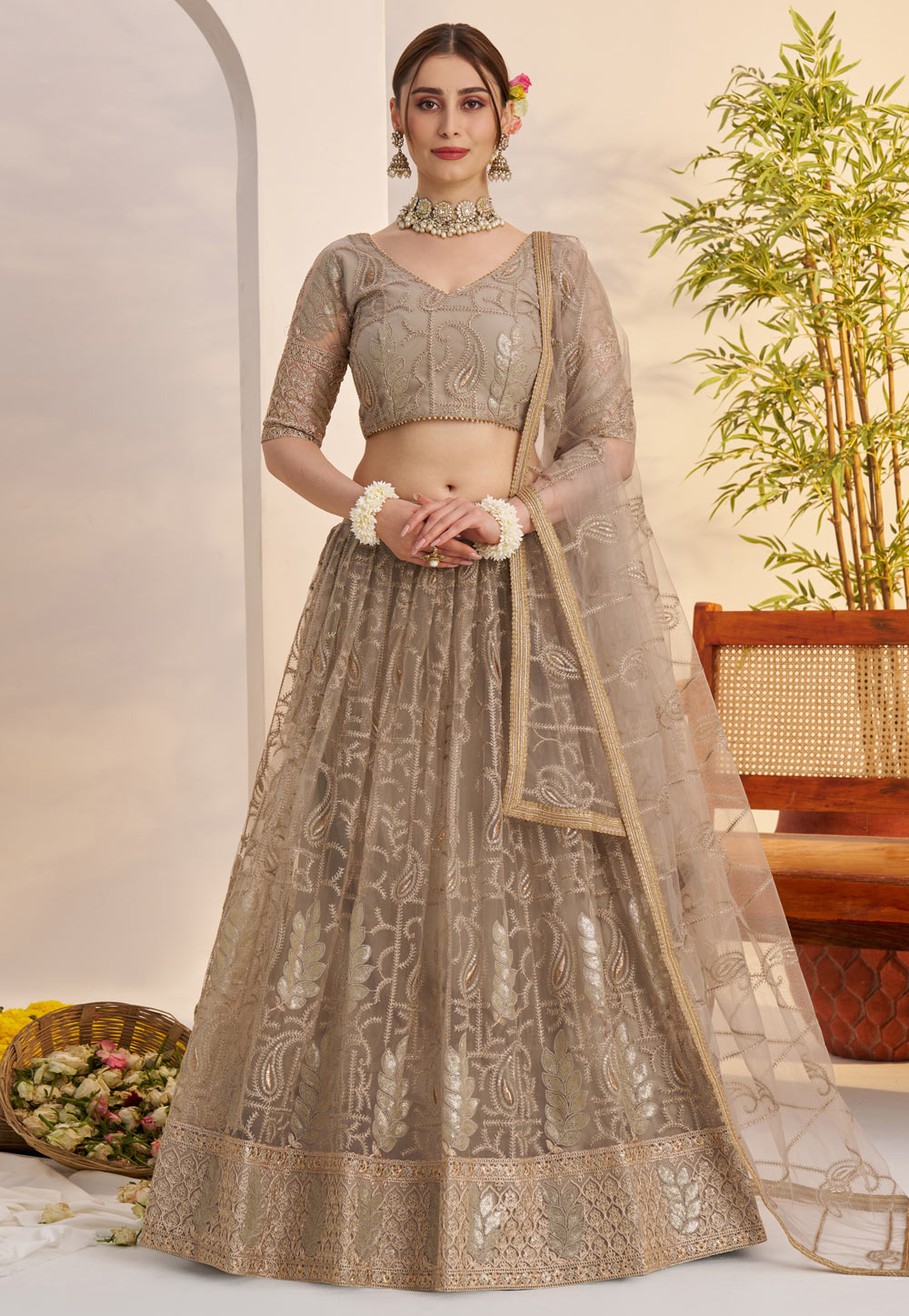 Brown Net Circular Lehenga Choli 317329