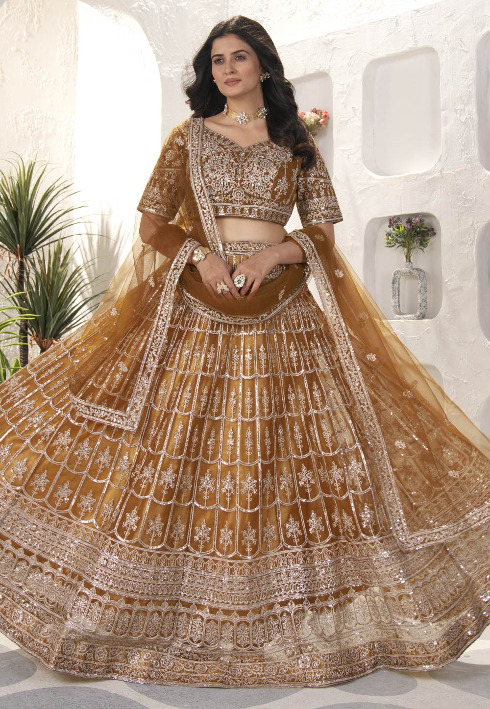 Brown Net Circular Lehenga Choli 311357