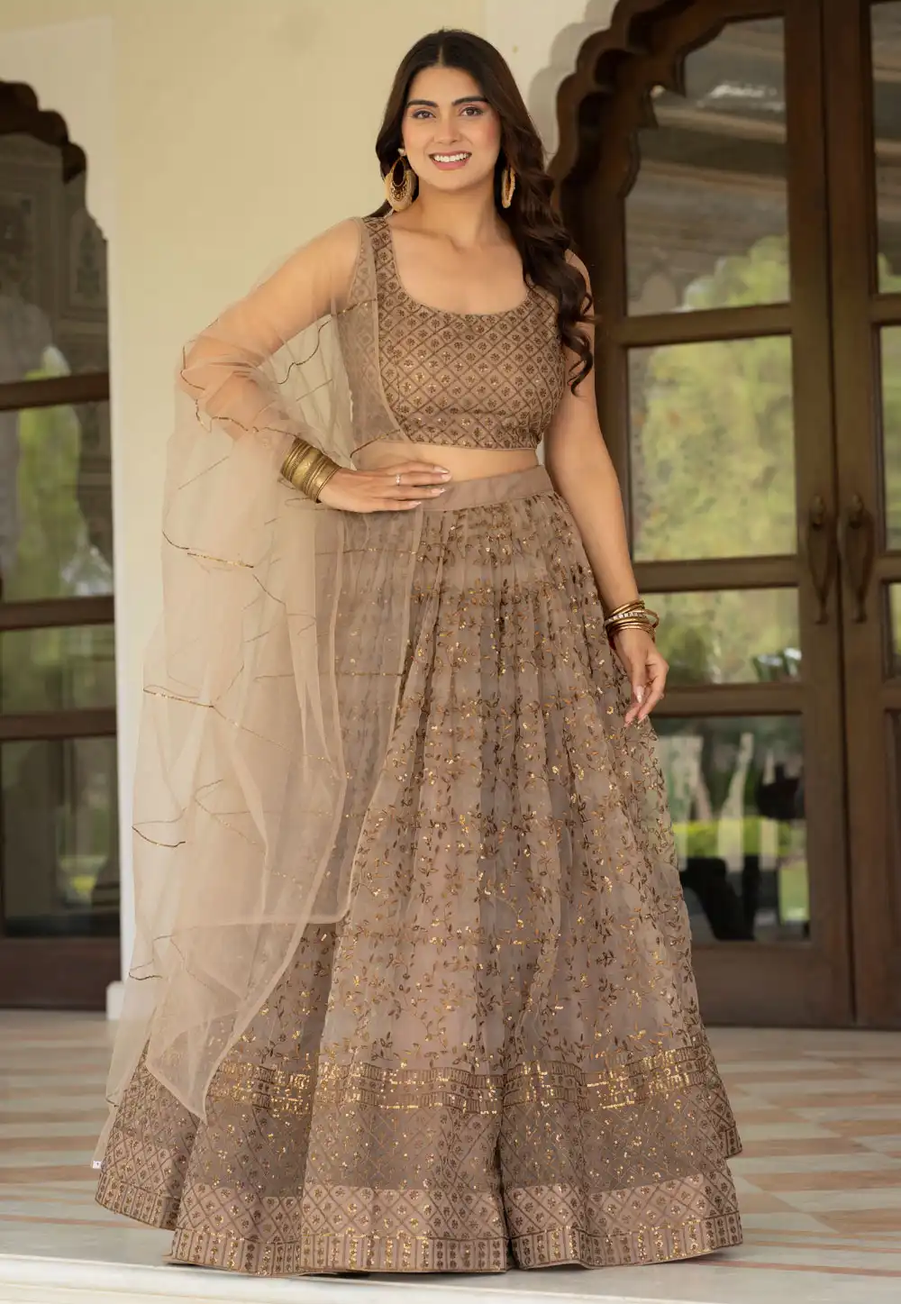 Brown Net Circular Lehenga Choli 329187