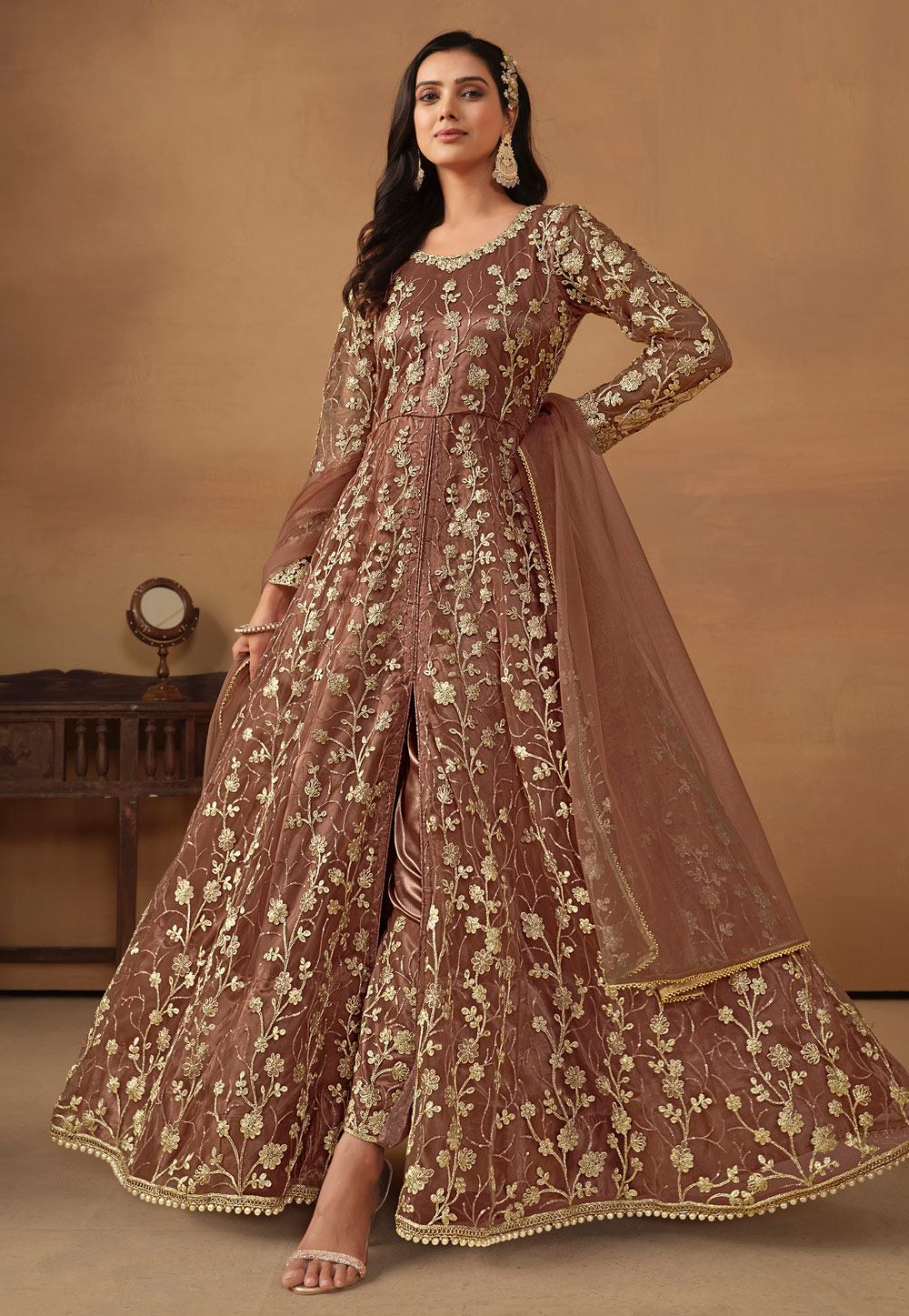Brown Net Embroidered Center Slit Anarkali Suit 283290