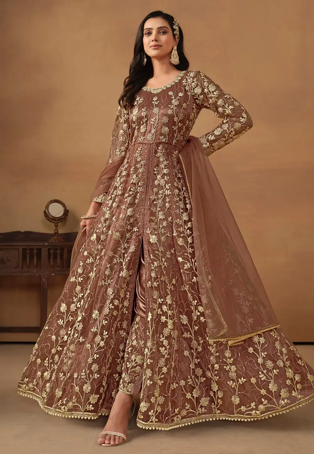 Brown Net Embroidered Center Slit Anarkali Suit 283290