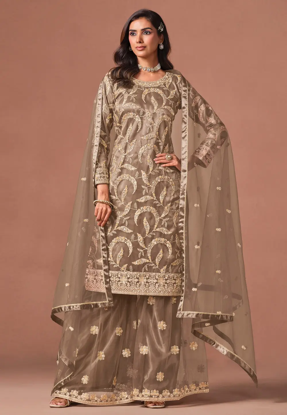 Brown Net Embroidered Palazzo Suit 333179