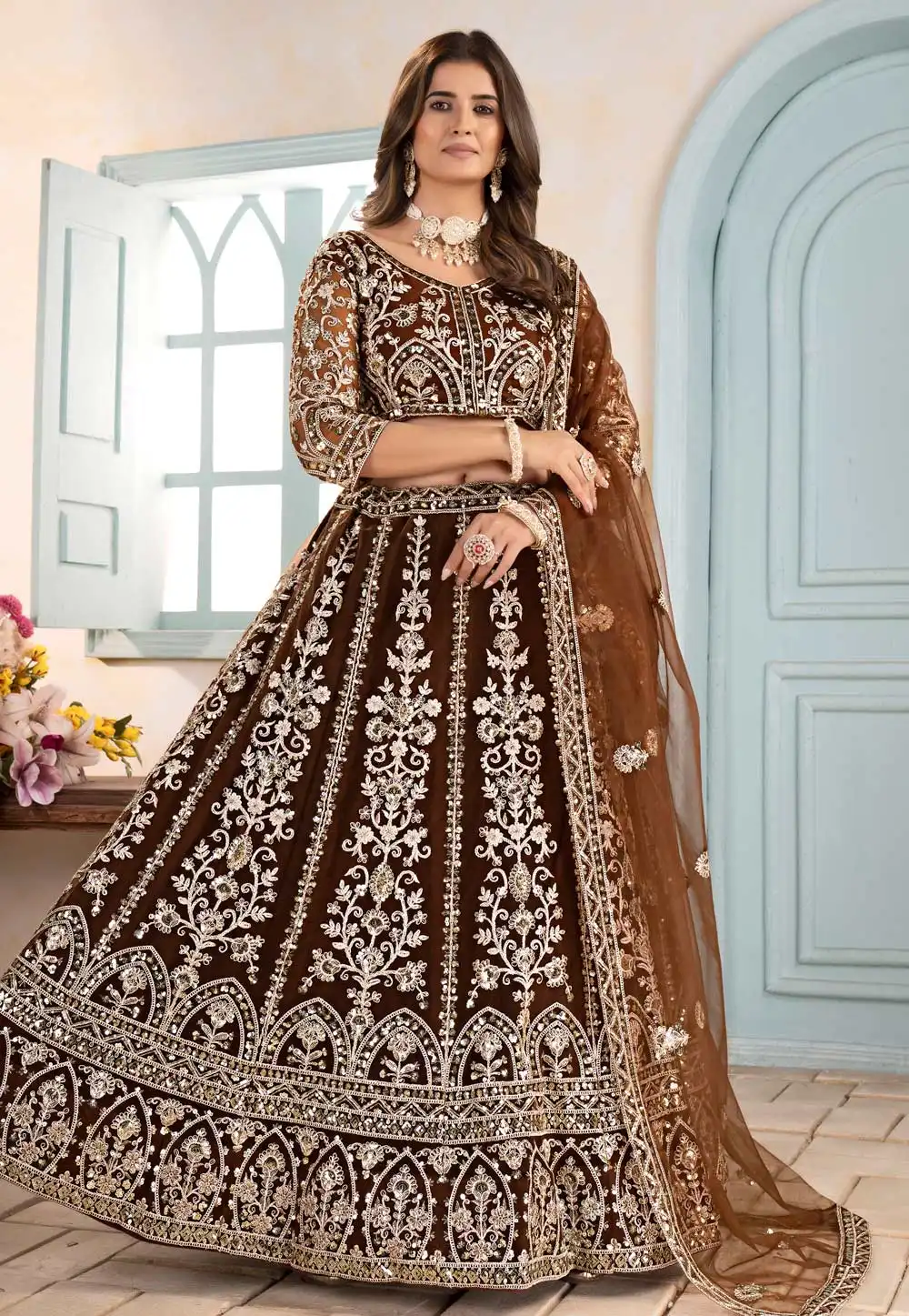Brown Net Lehenga Choli 315867