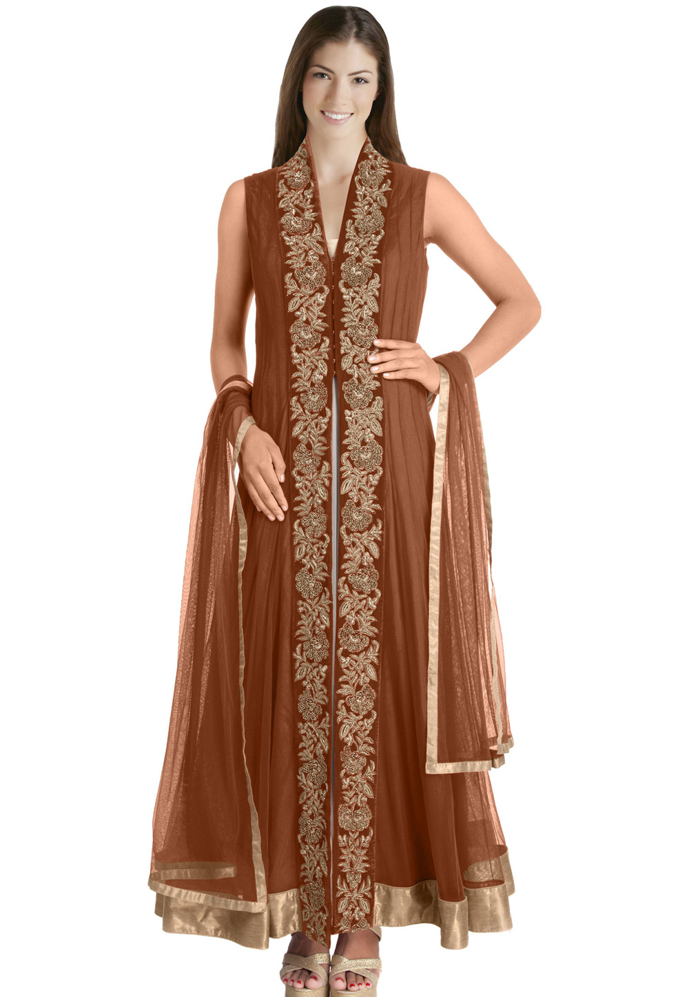 Brown Net Readymade Anarkali Suit 321767