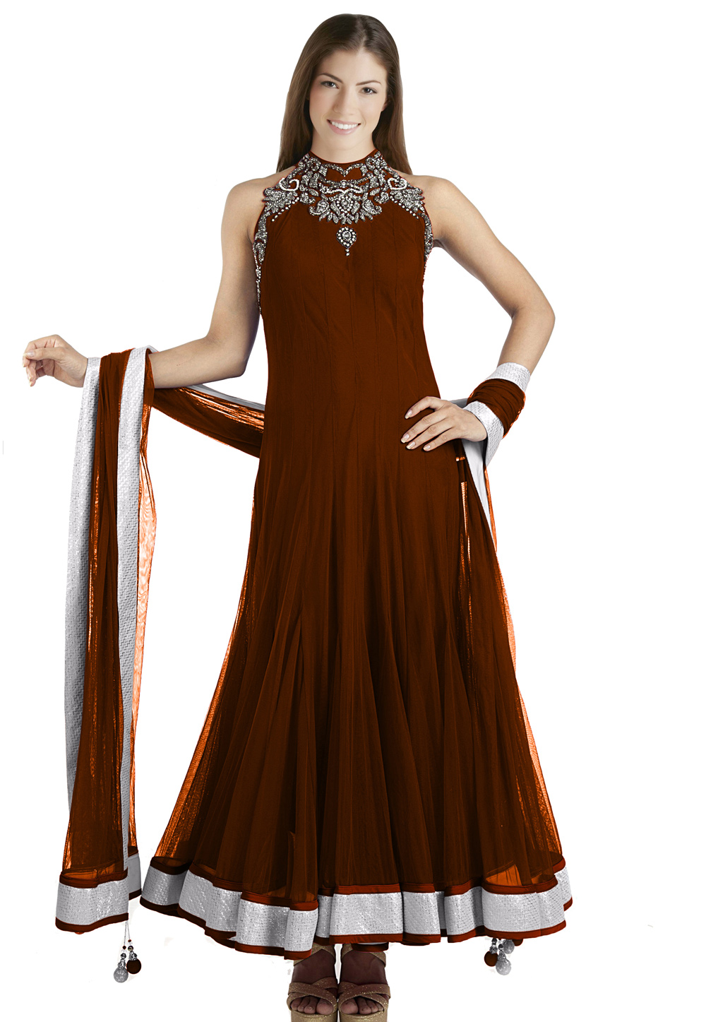 Brown Net Readymade Long Anarkali Suit 321759