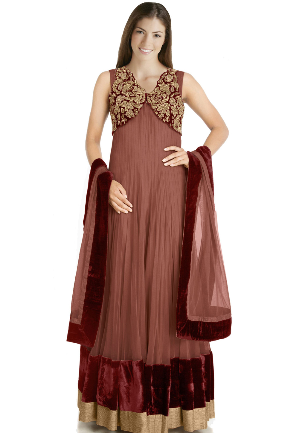 Brown Net Readymade Long Anarkali Suit 322191