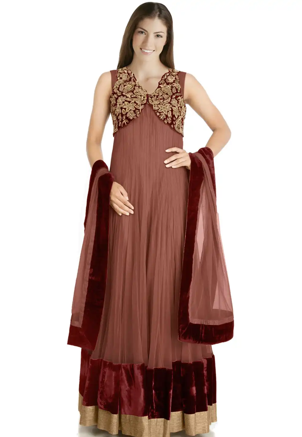 Brown Net Readymade Long Anarkali Suit 322191