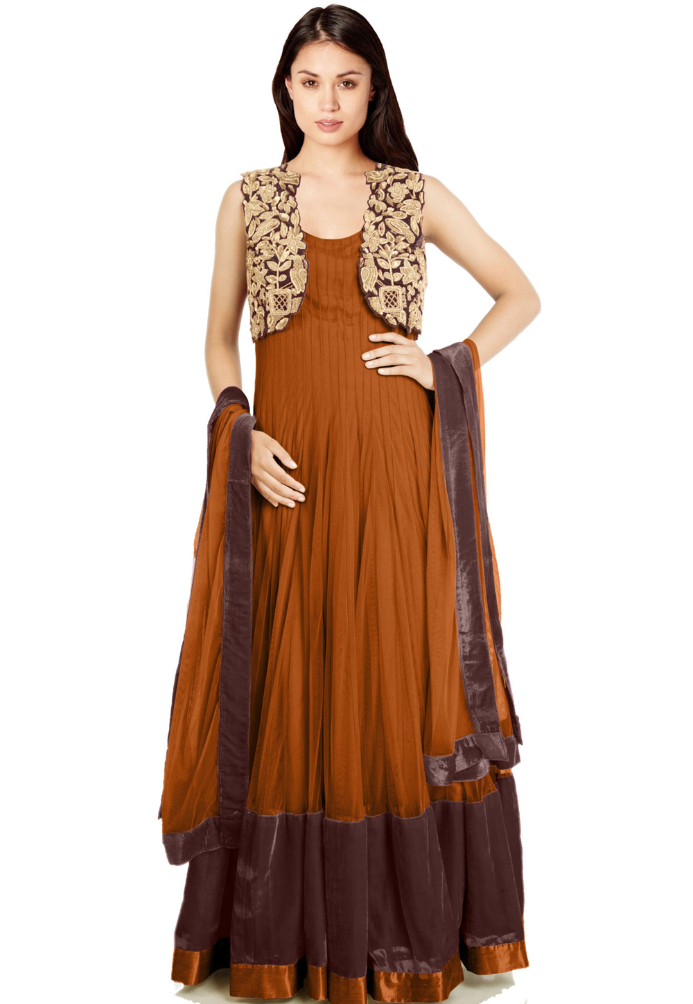 Brown Net Readymade Long Anarkali Suit 322195