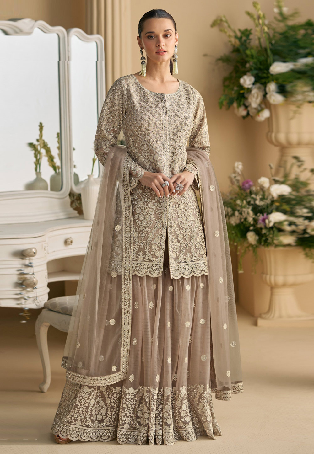 Brown Net Readymade Sharara Suit 318383