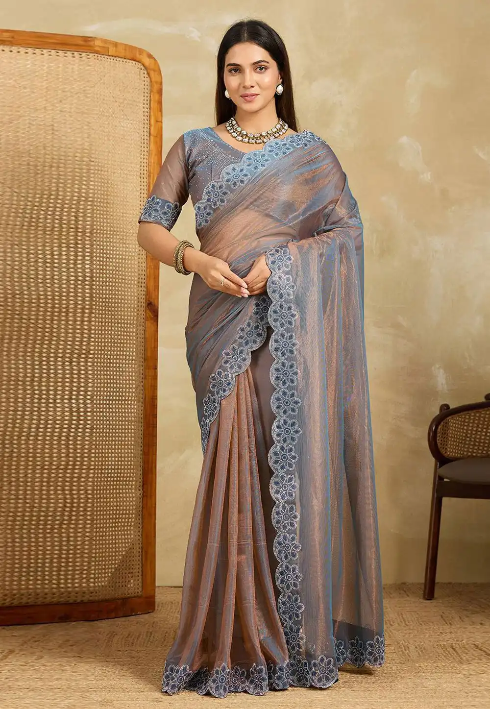 Brown Net Saree With Blouse 318158