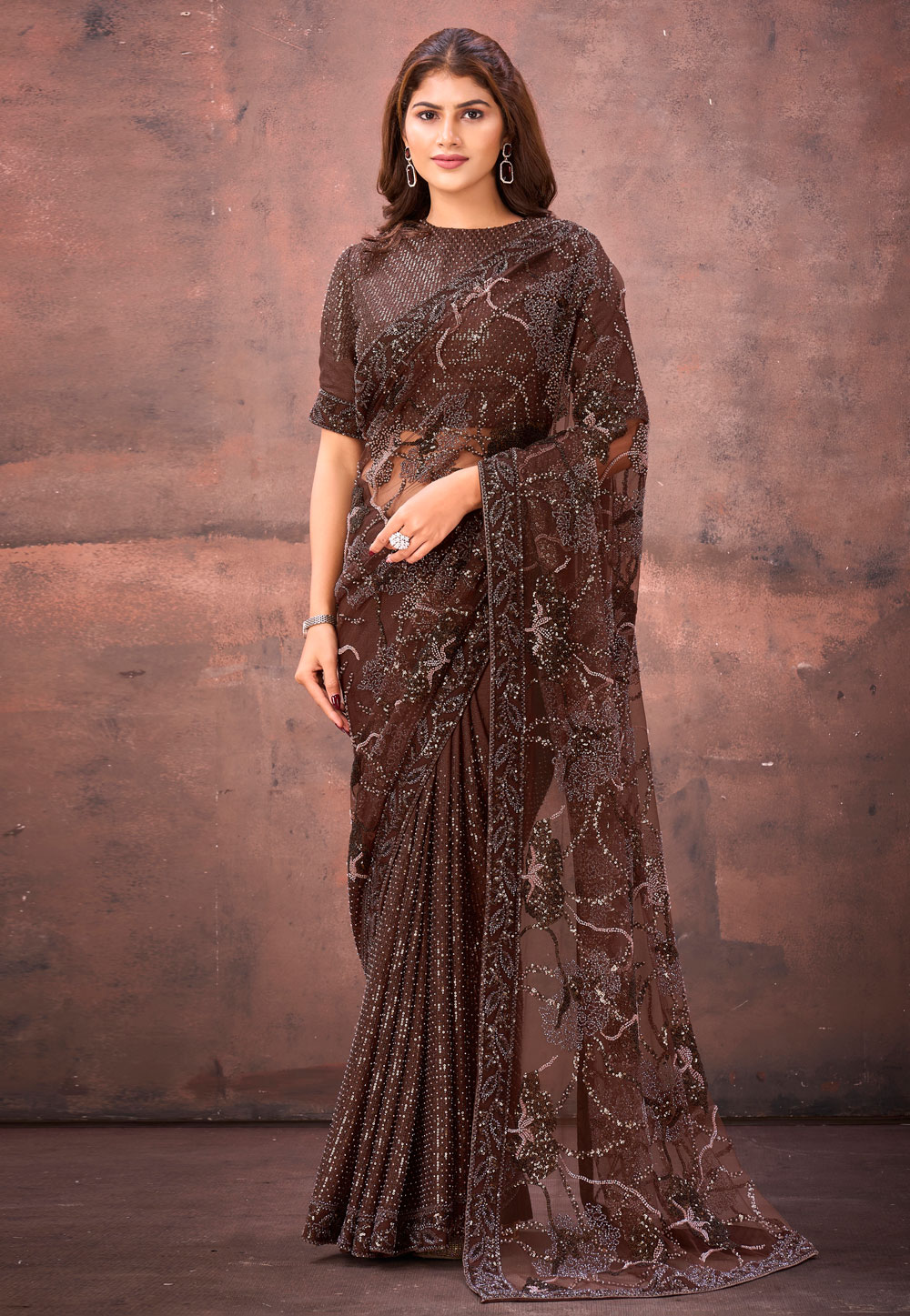 Brown Net Saree With Blouse 320324