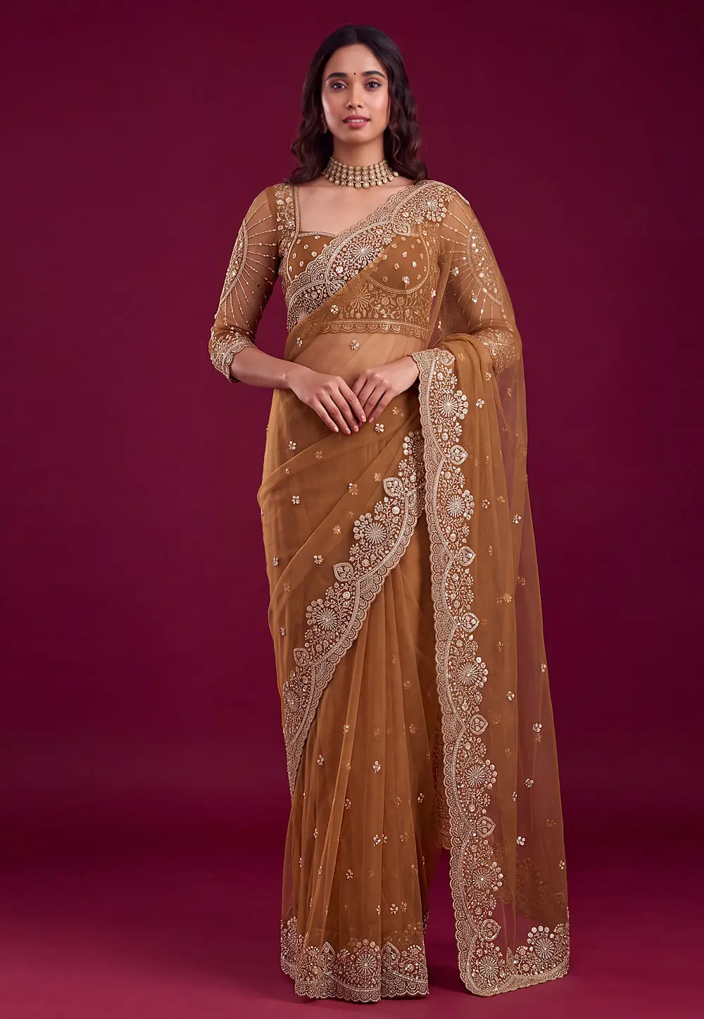 Brown Net Saree With Blouse 335328