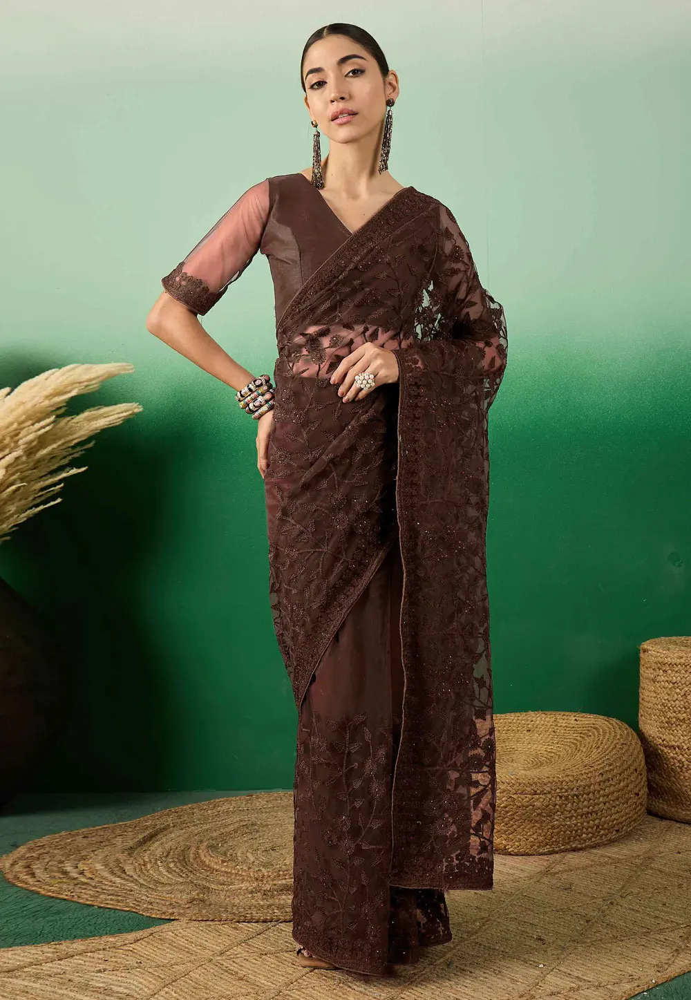 Brown Net Saree With Blouse 331668