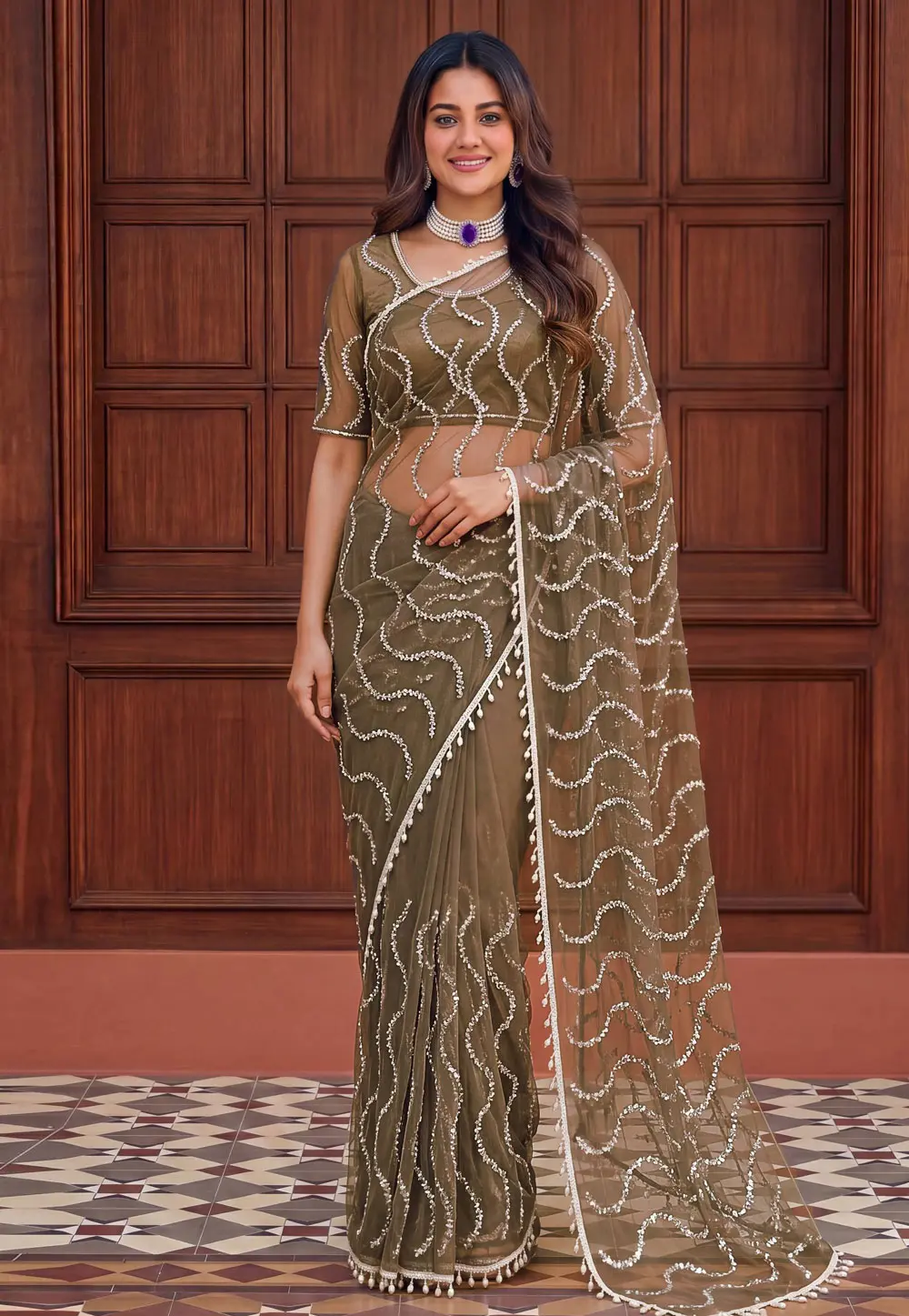 Brown Net Saree With Blouse 331496