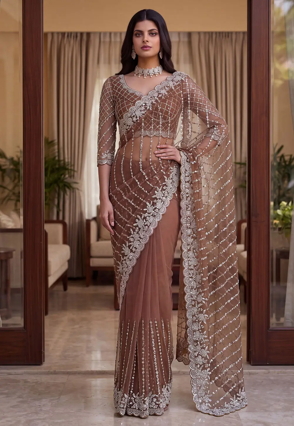 Brown Net Saree With Blouse 334807