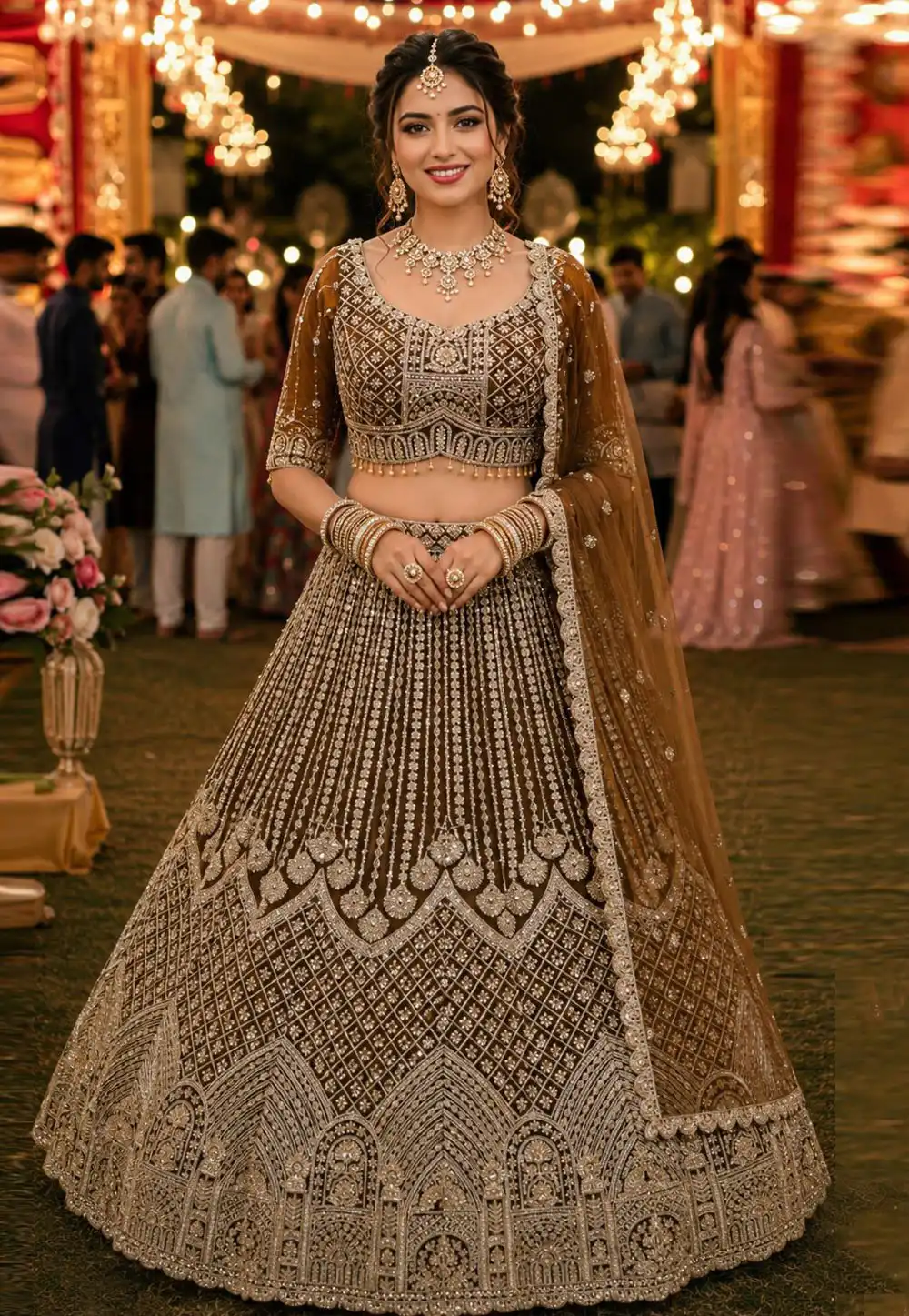 Brown Net Wedding Lehenga Choli 329717