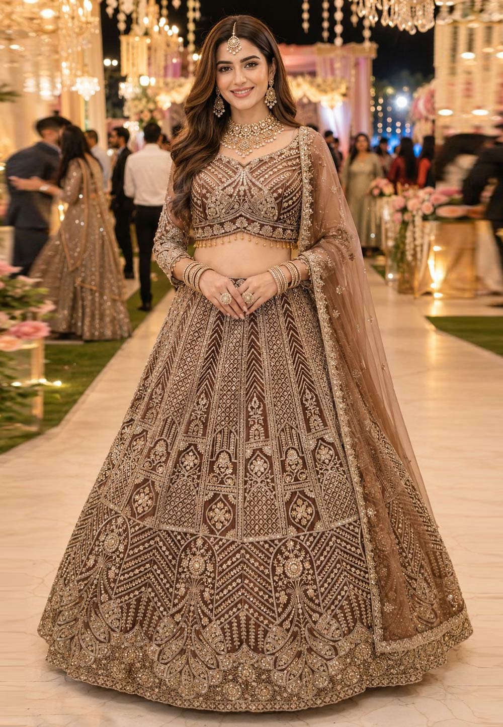Brown Net Wedding Lehenga Choli 330145
