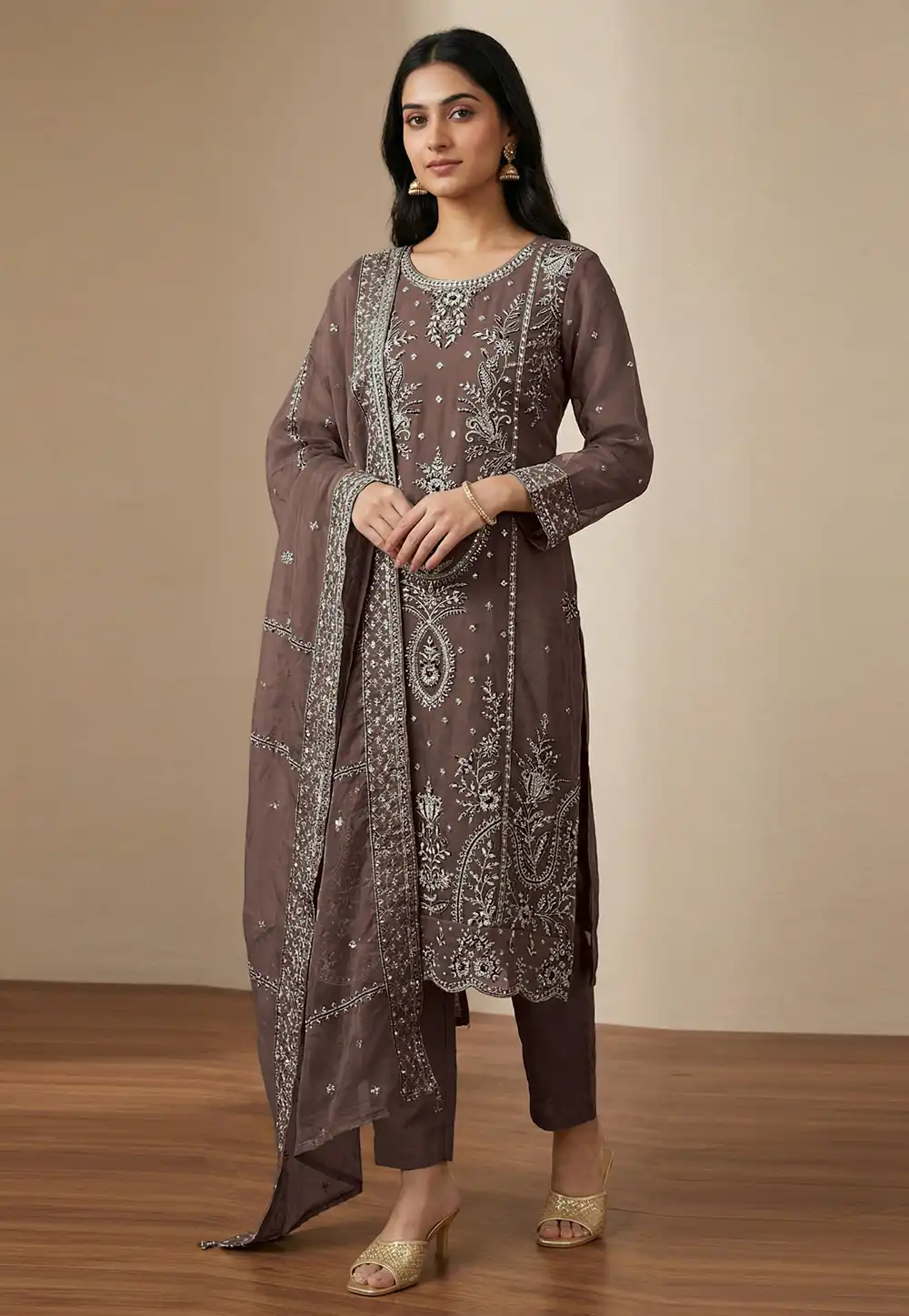 Brown Organza Pakistani Suit 329160