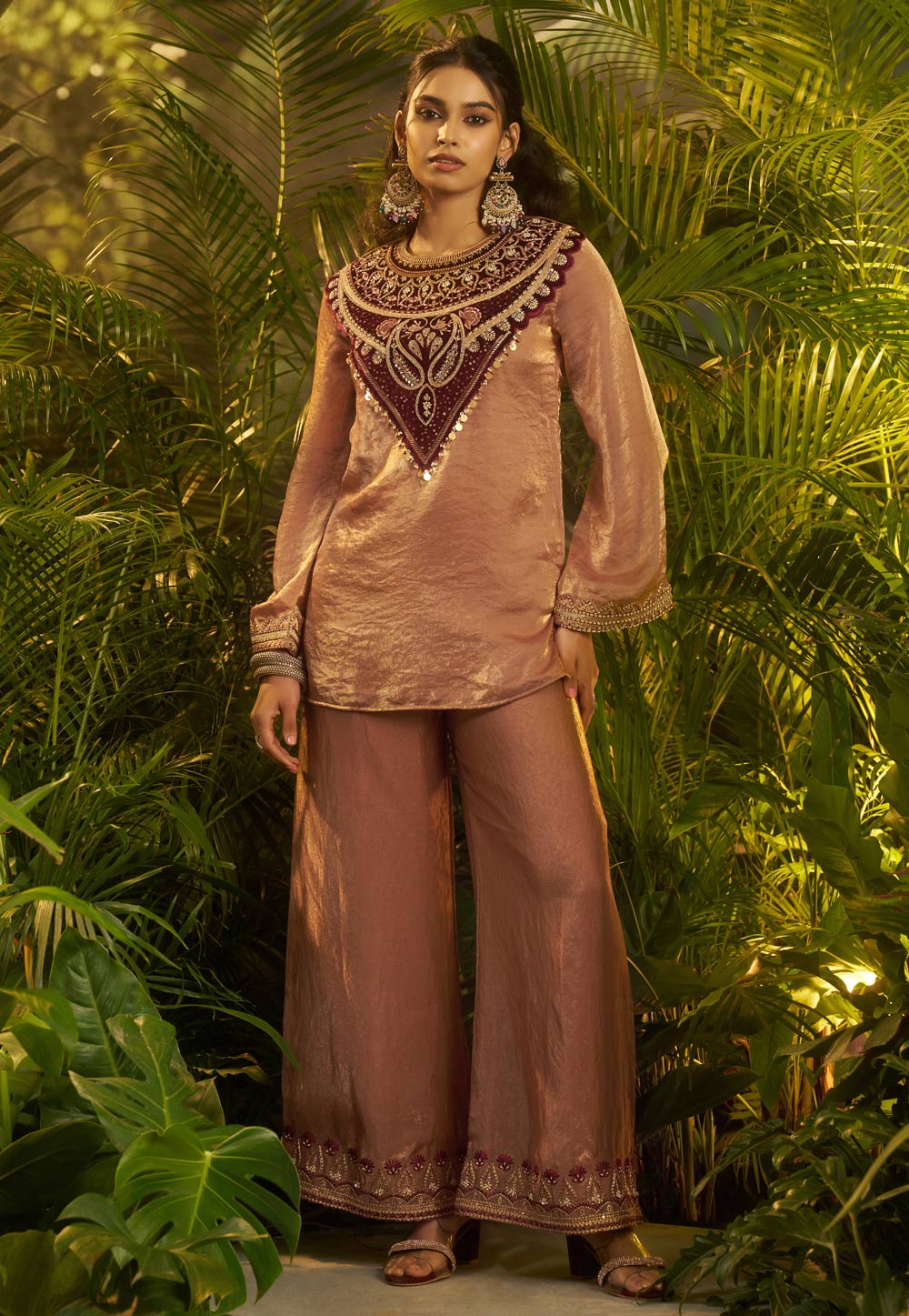 Brown Organza Readymade Palazzo Suit 325573