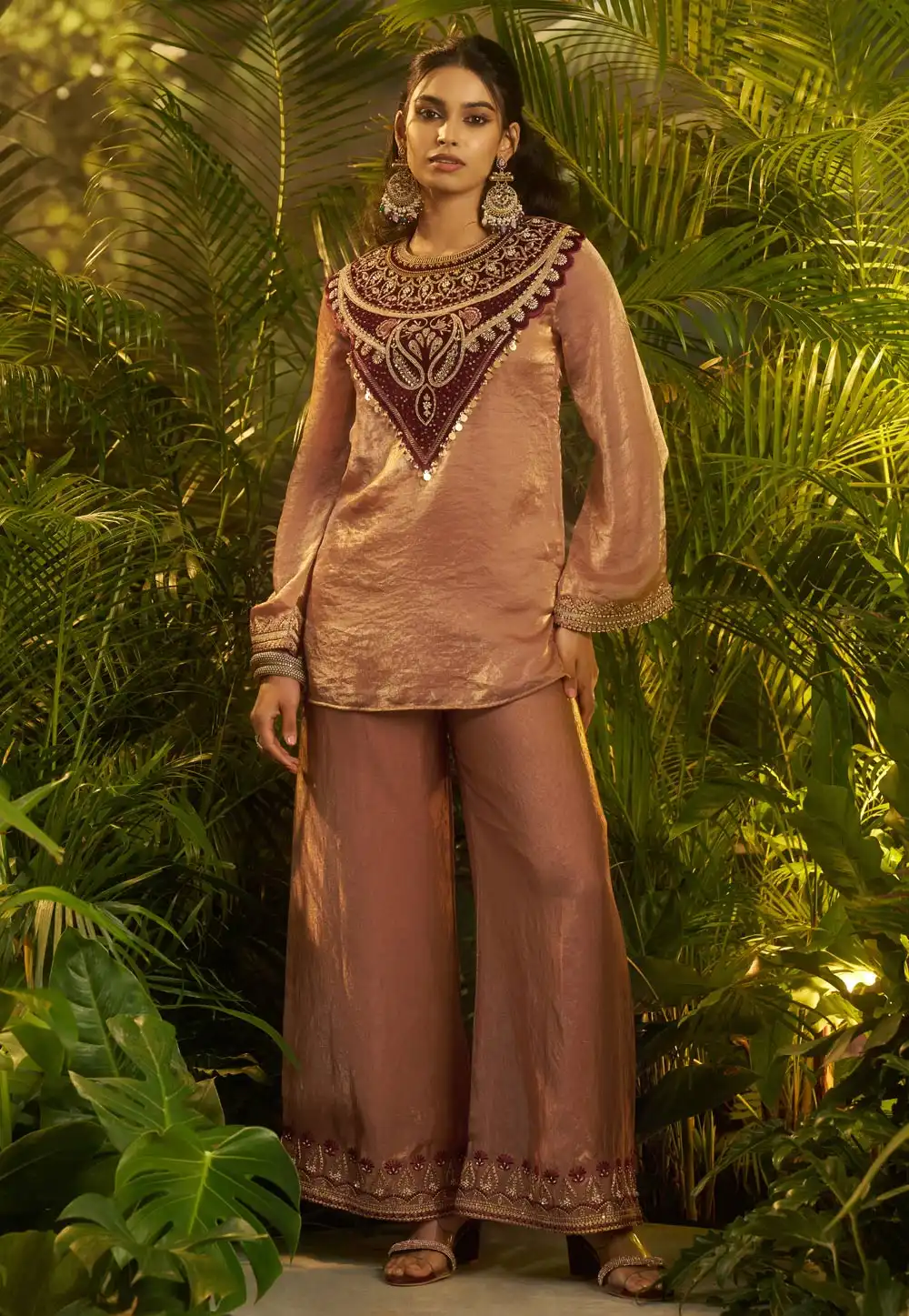 Brown Organza Readymade Palazzo Suit 325573