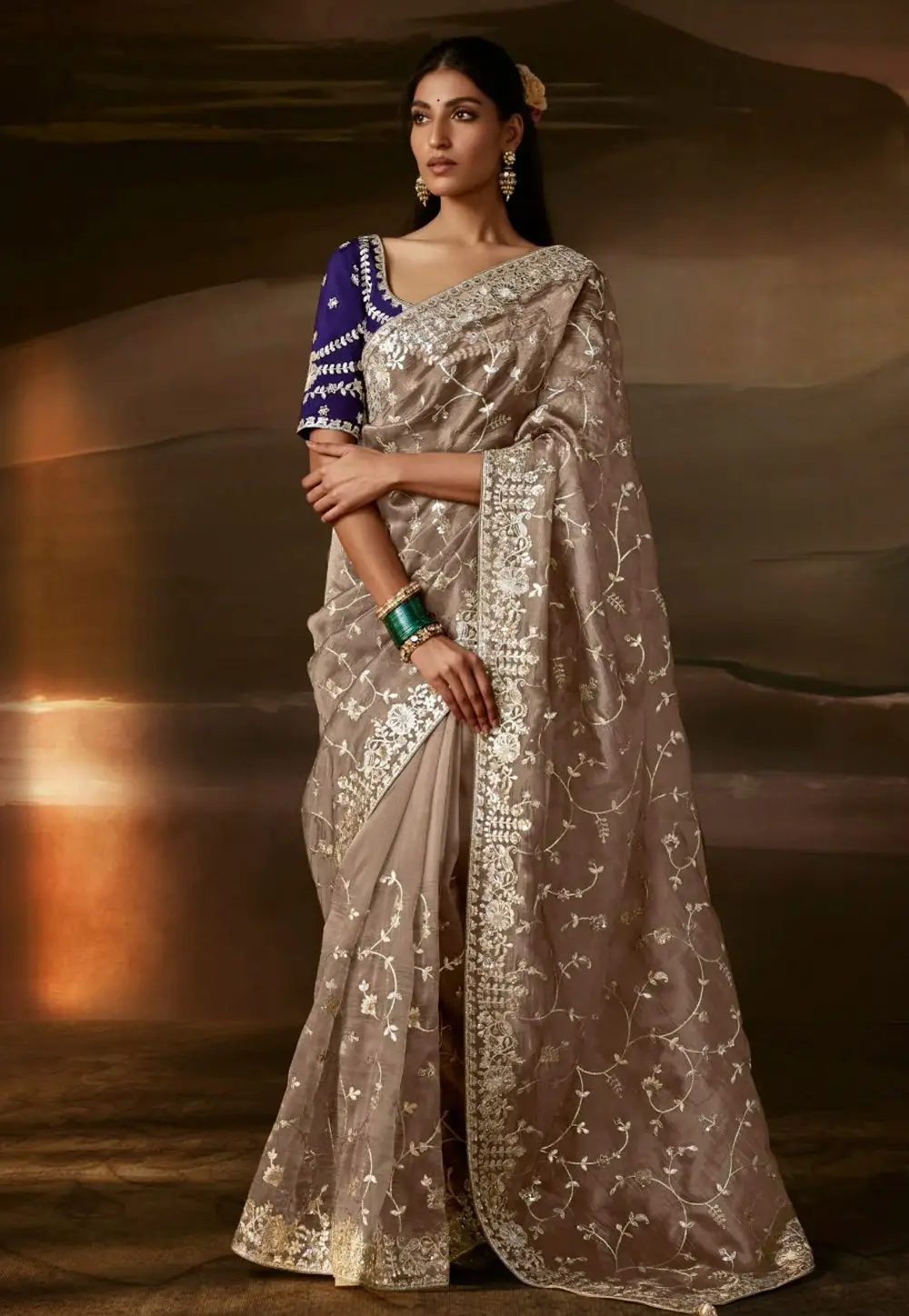 Brown Organza Saree With Blouse 336360