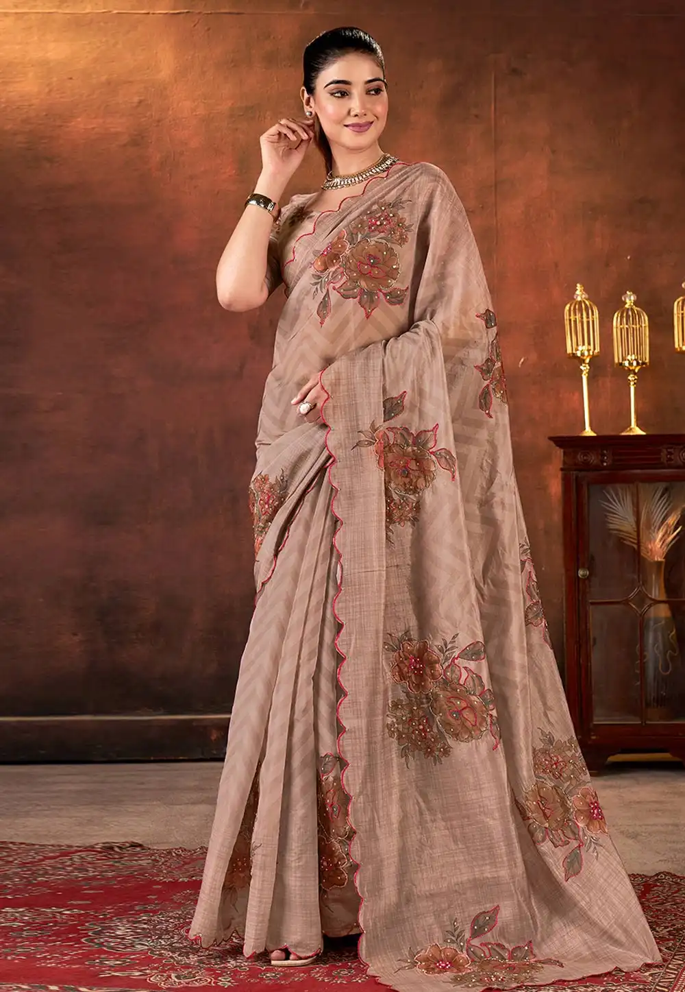 Brown Organza Saree With Blouse 320730