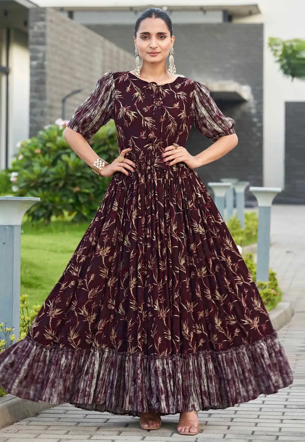 Brown Rayon Printed Gown 329072