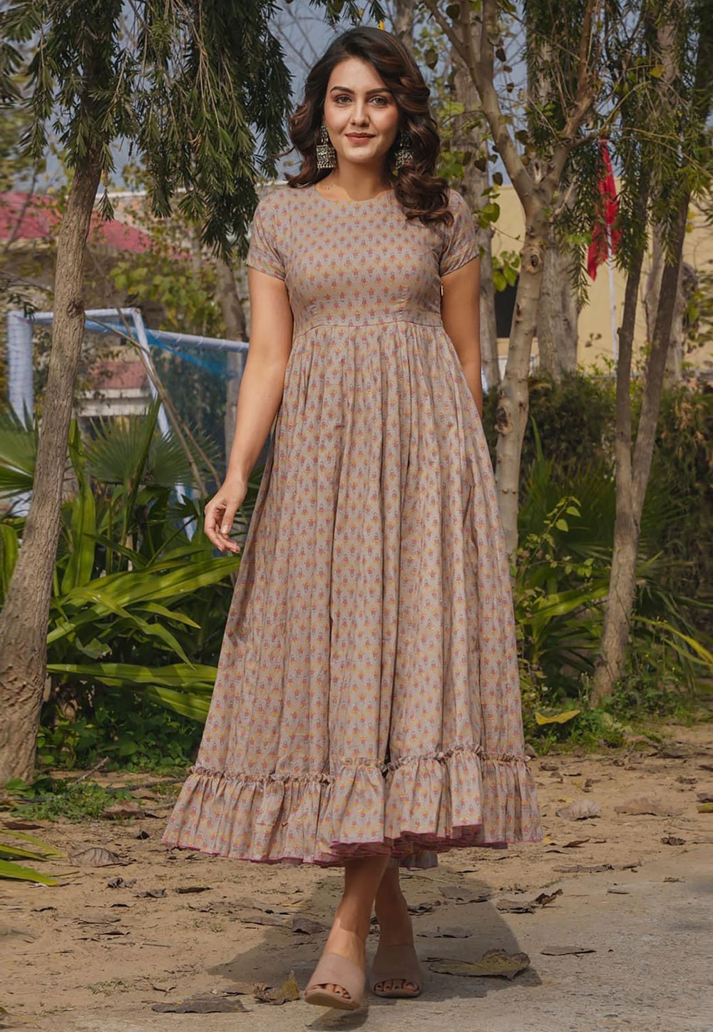 Brown Rayon Printed Gown 308686