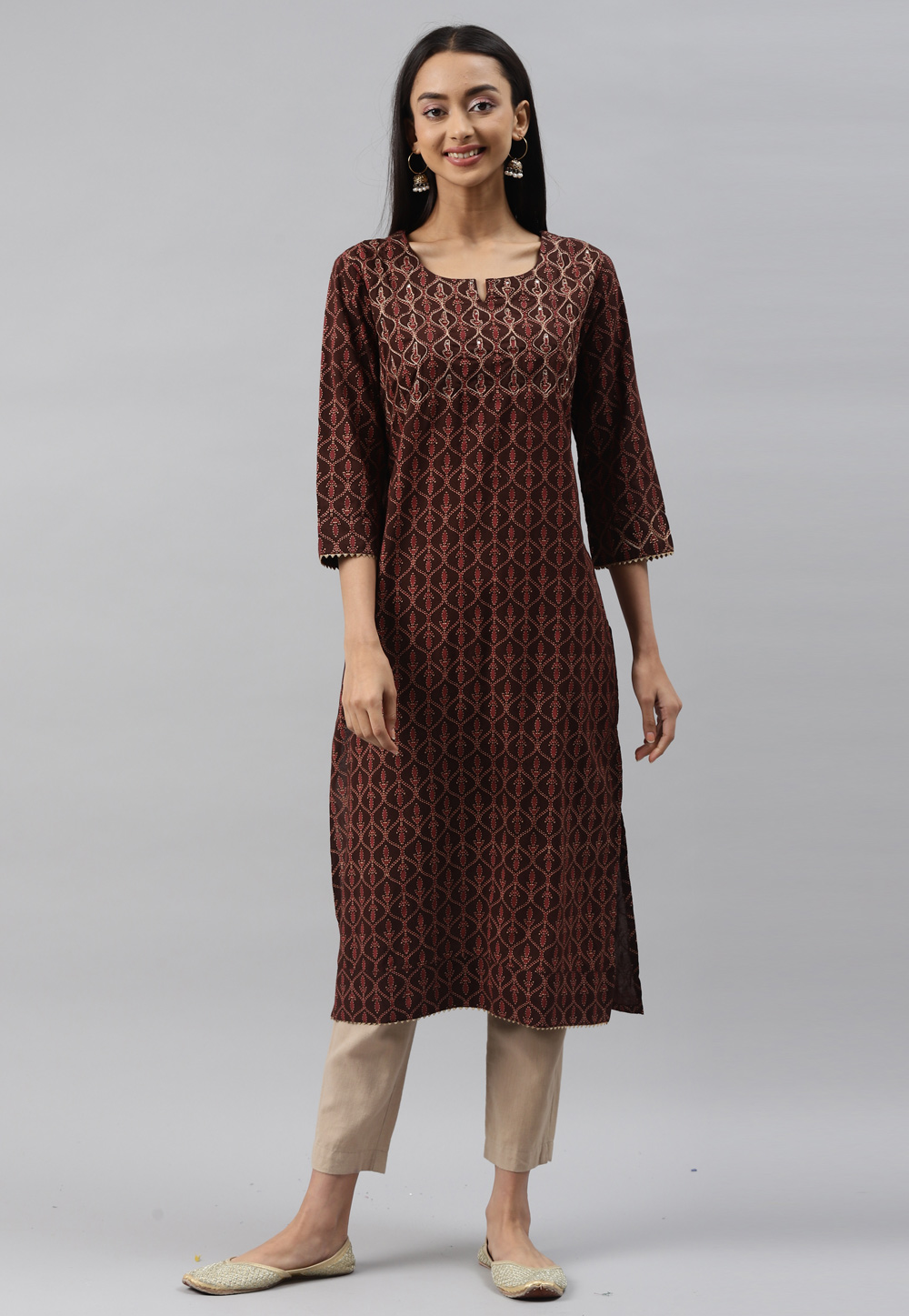 Brown Rayon Printed Kurti 308260