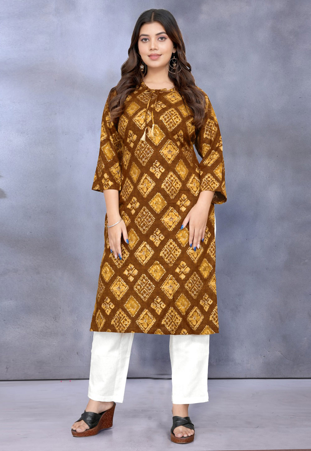 Brown Rayon Printed Long Tunic 312624