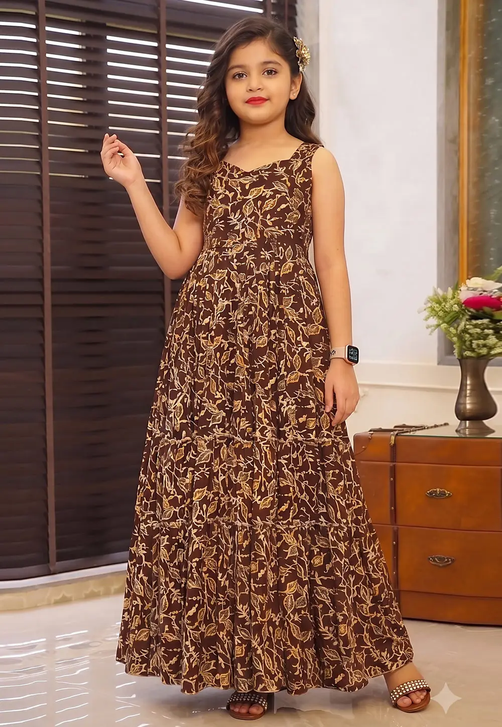 Brown Rayon Readymade Kids Gown 332559
