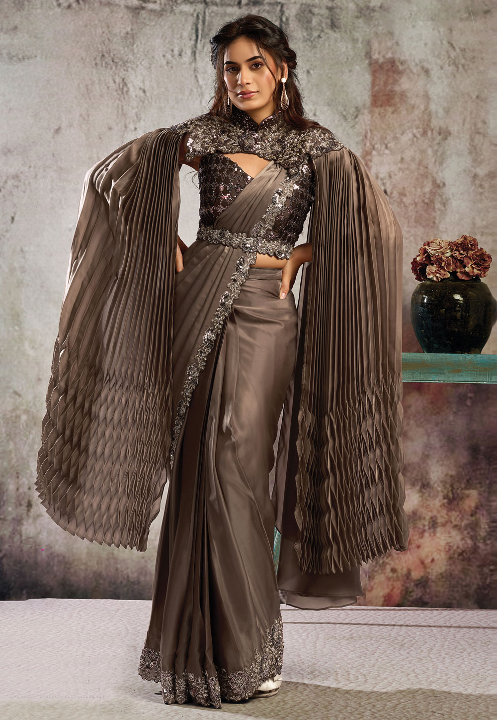 Brown Satin Designer Saree 324408
