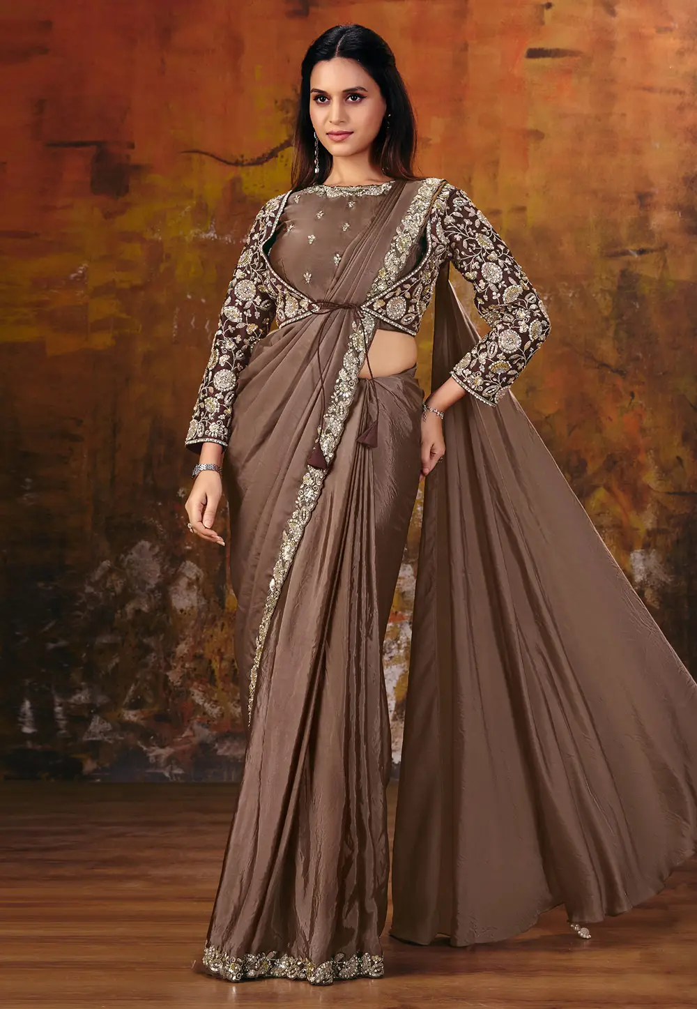 Brown Satin Designer Saree 335620