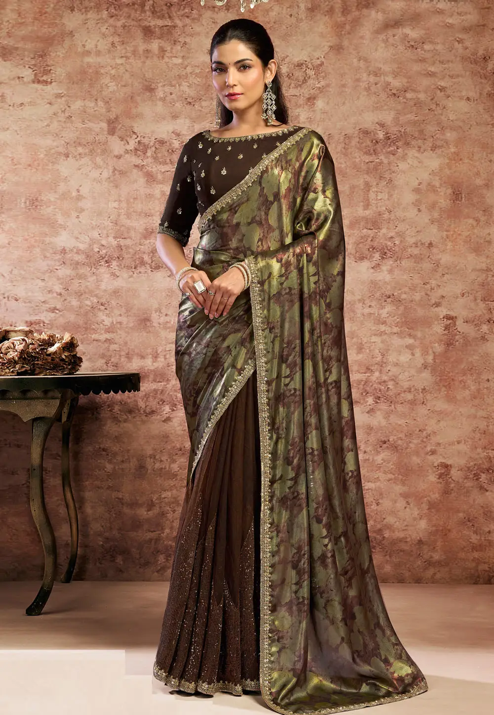 Brown Satin Half N Half Saree 335086