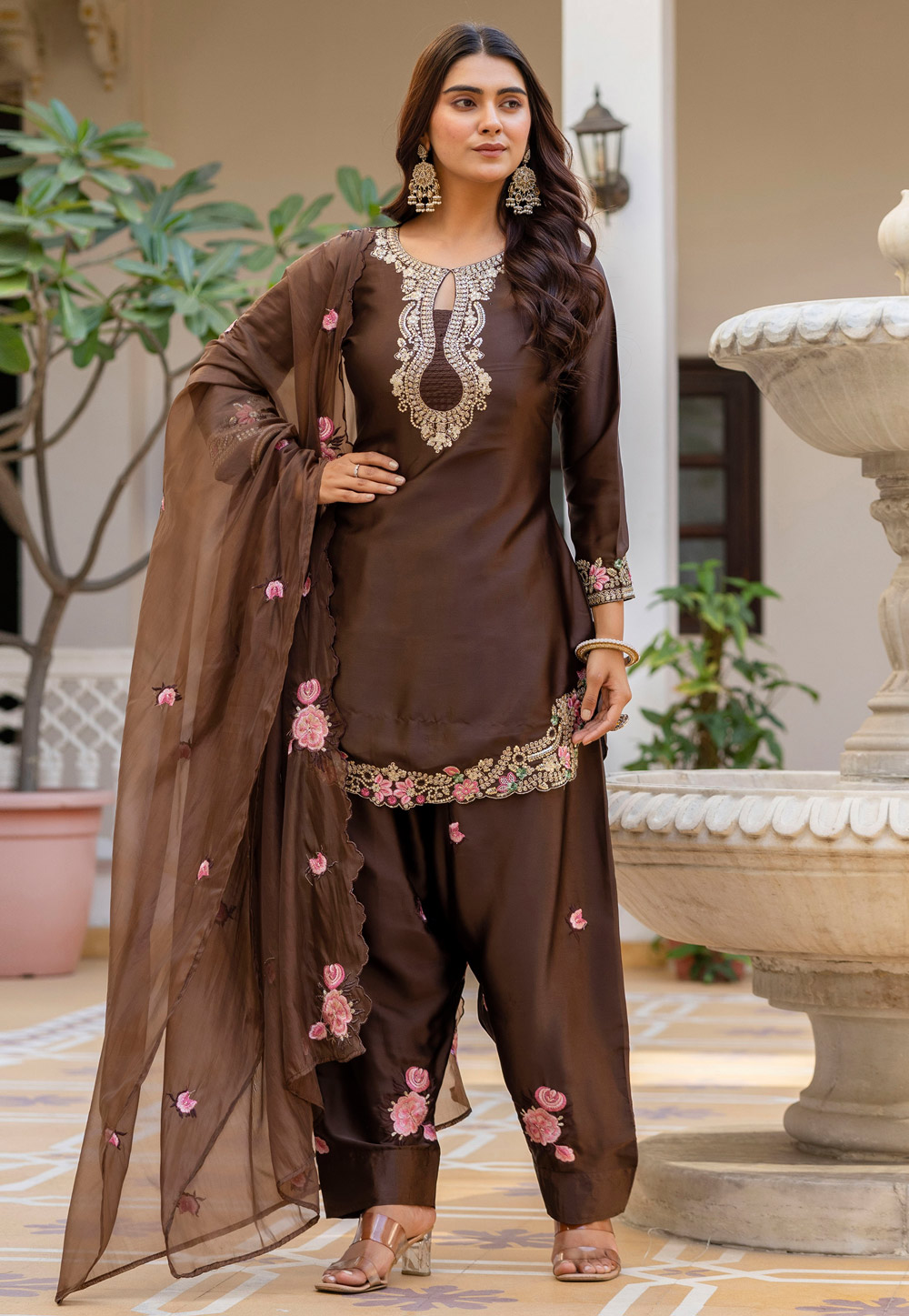 Brown Satin Readymade Punjabi Suit 326941