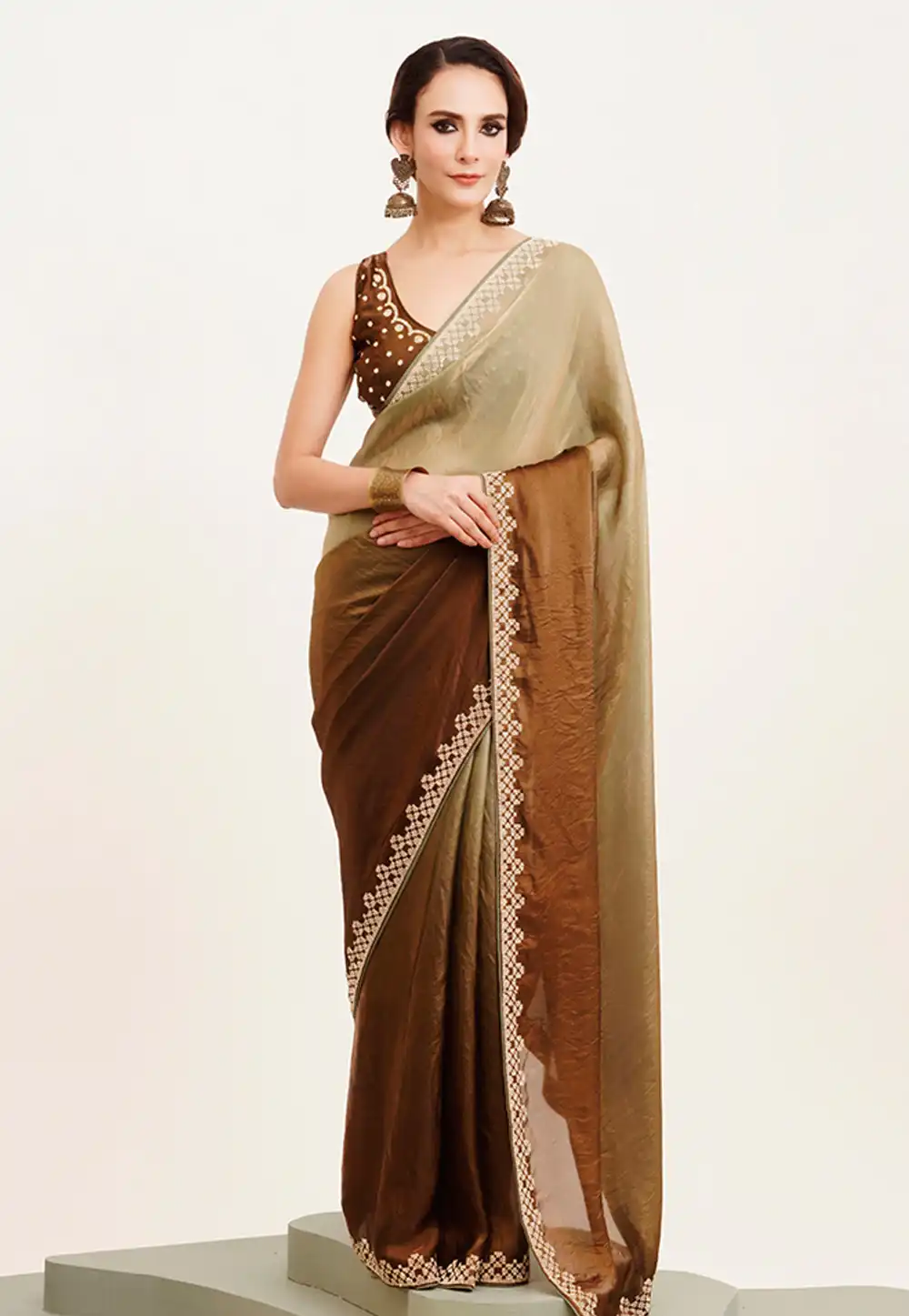 Brown Satin Saree With Blouse 311819