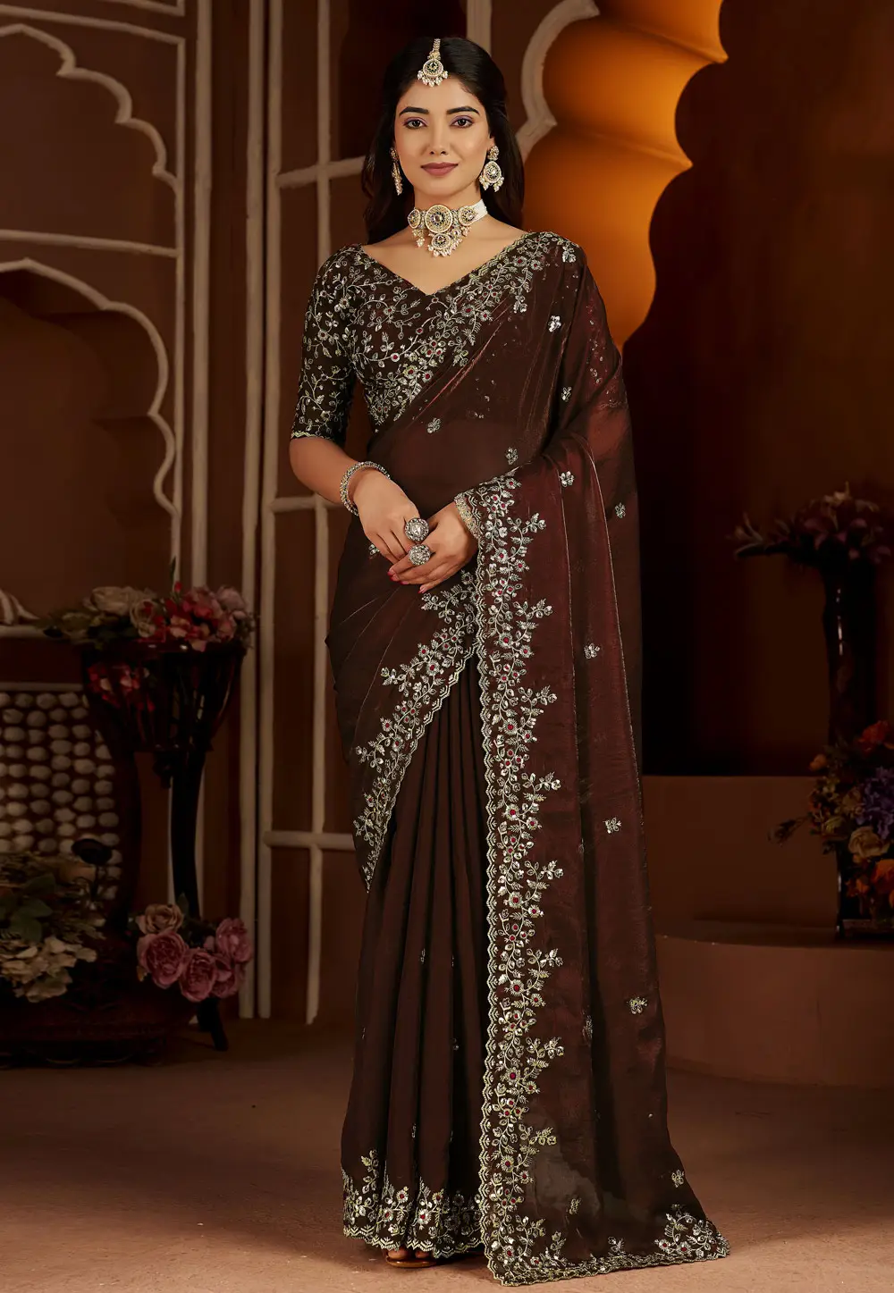 Brown Satin Saree With Blouse 332572