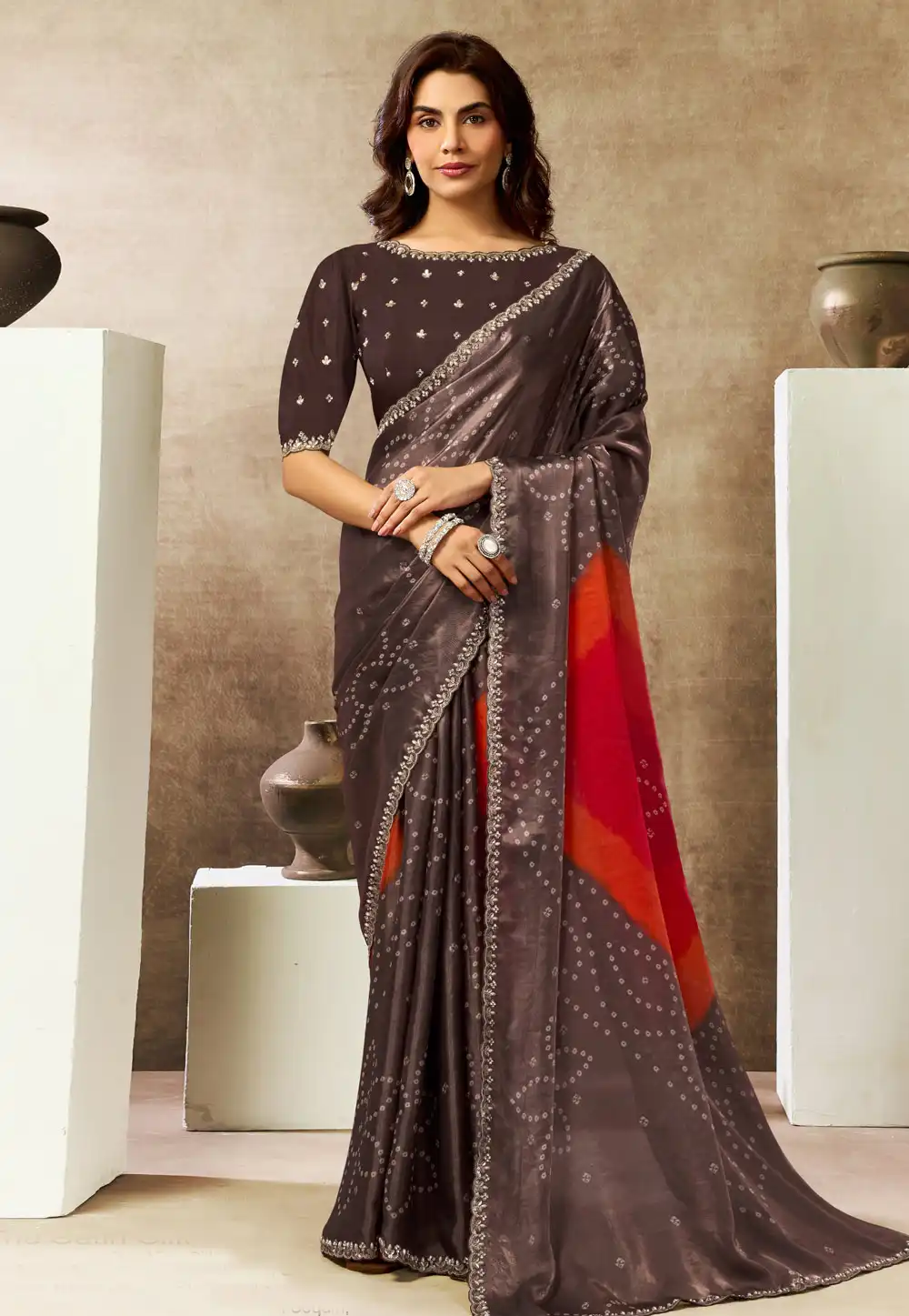 Brown Satin Silk Bandhani Print Saree 328484