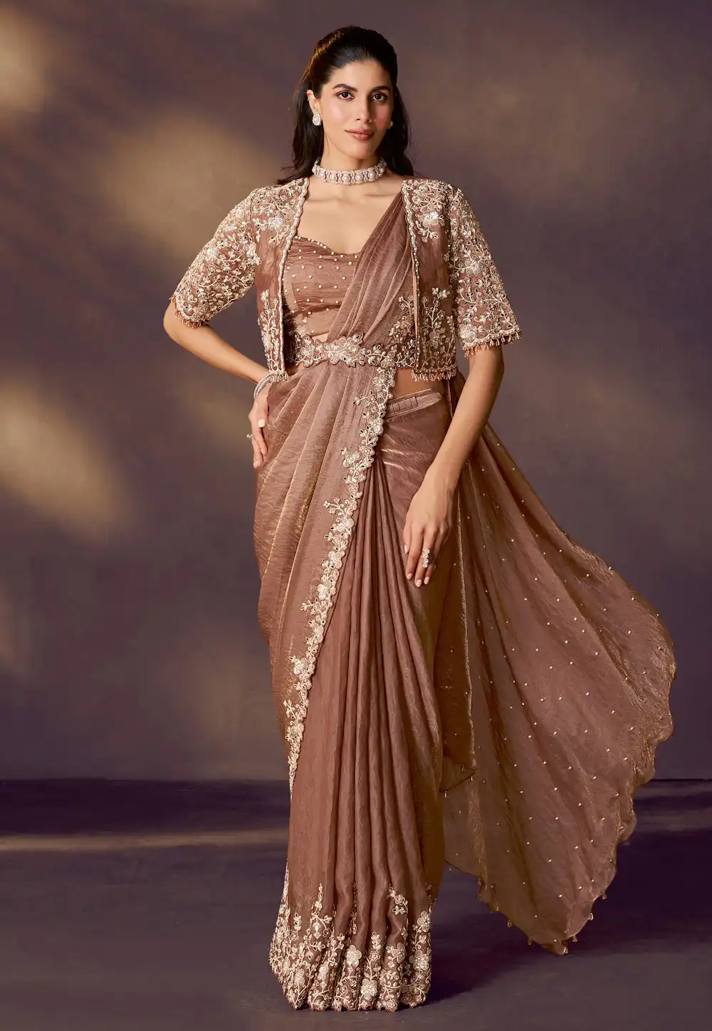 Brown Satin Silk Designer Saree 318945