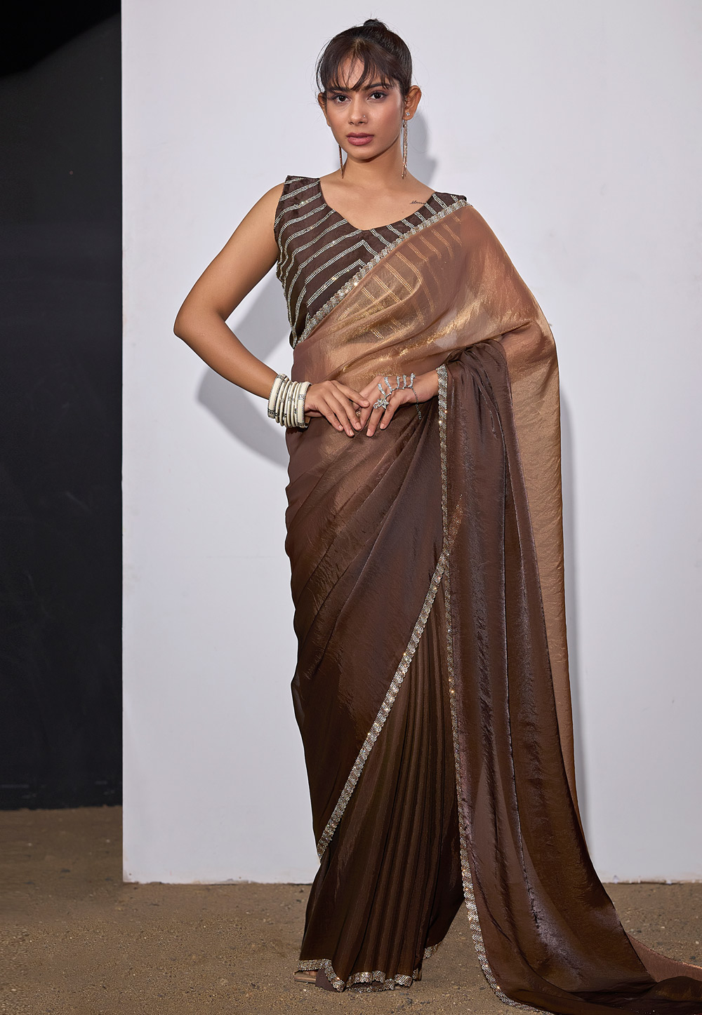 Brown Satin Silk Half N Half Saree 327793