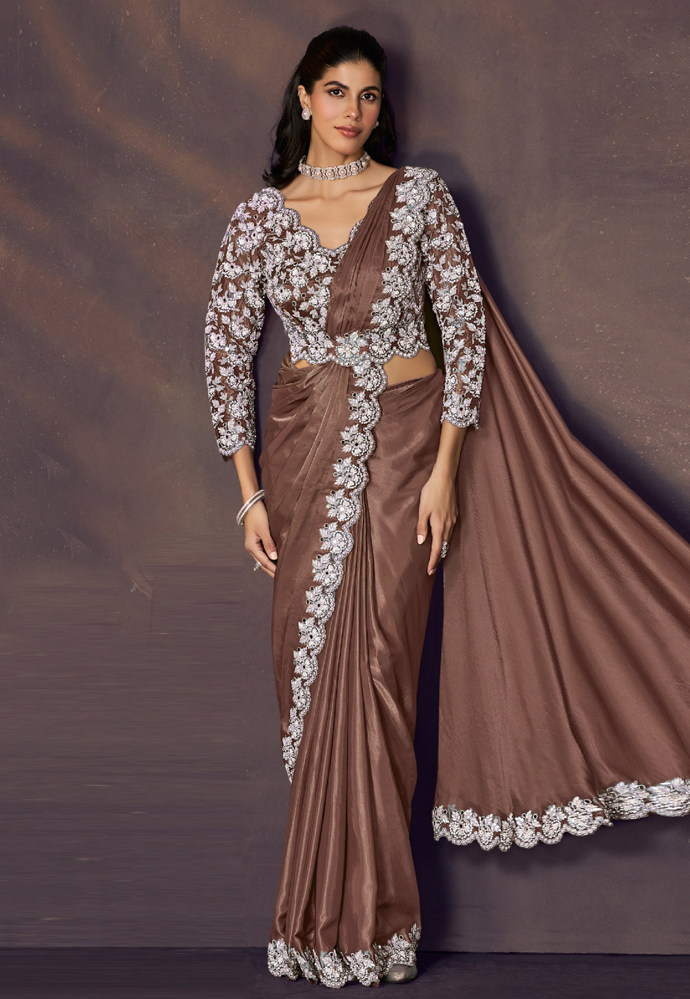 Brown Satin Silk Lehenga Saree 325740