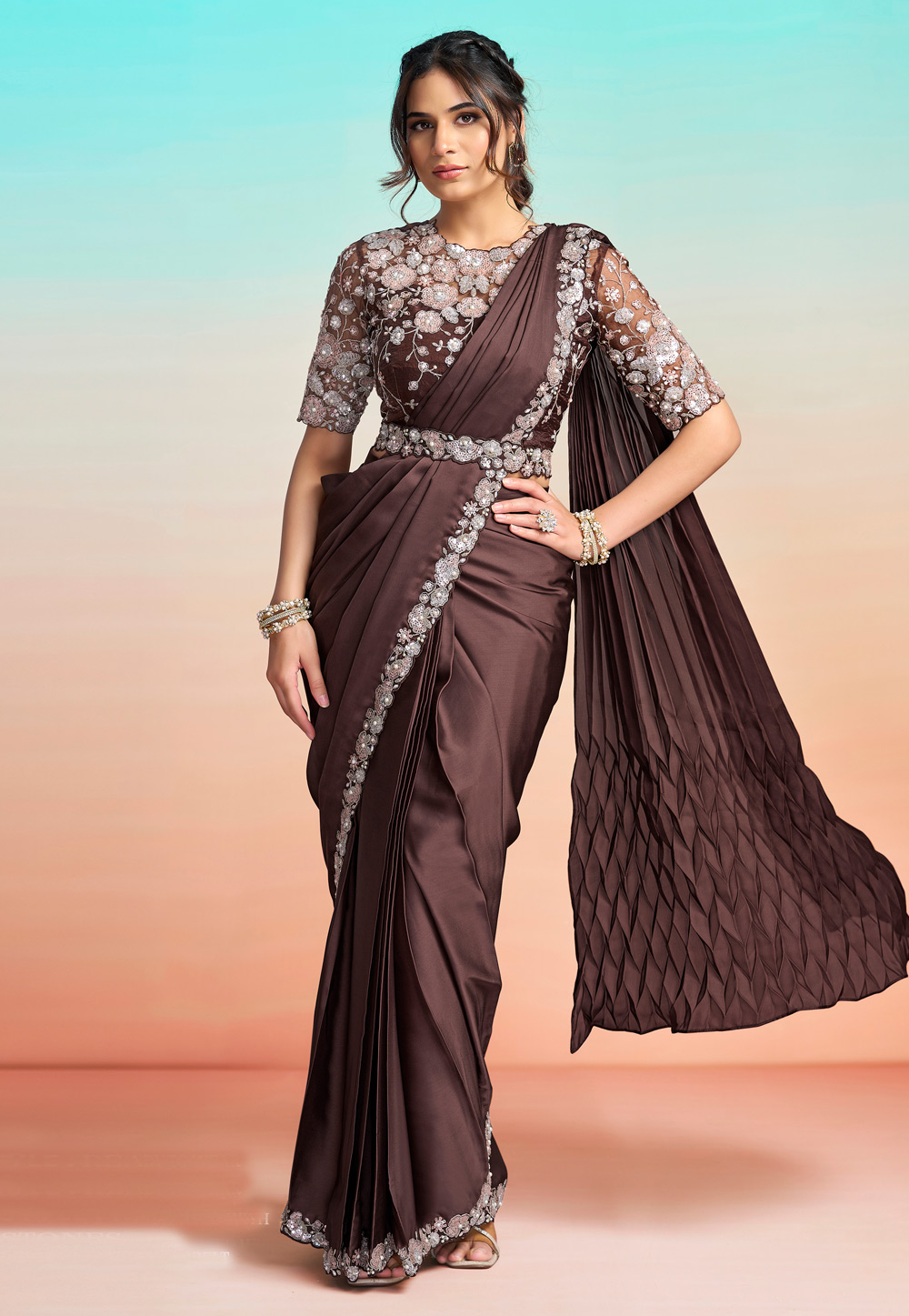 Brown Satin Silk Lehenga Saree 327230
