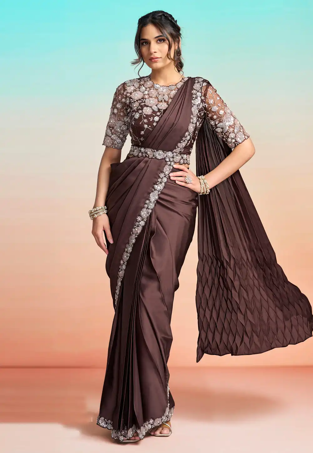 Brown Satin Silk Lehenga Saree 327230