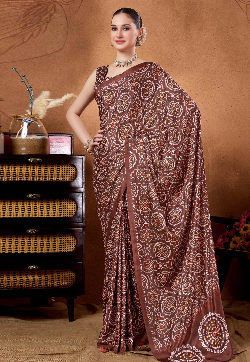 Brown Satin Silk Lehenga Saree 327126